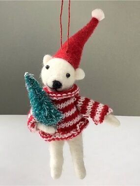 White Polar Bear Christmas Ornament Handmade Felted Wool Bear with Sweater